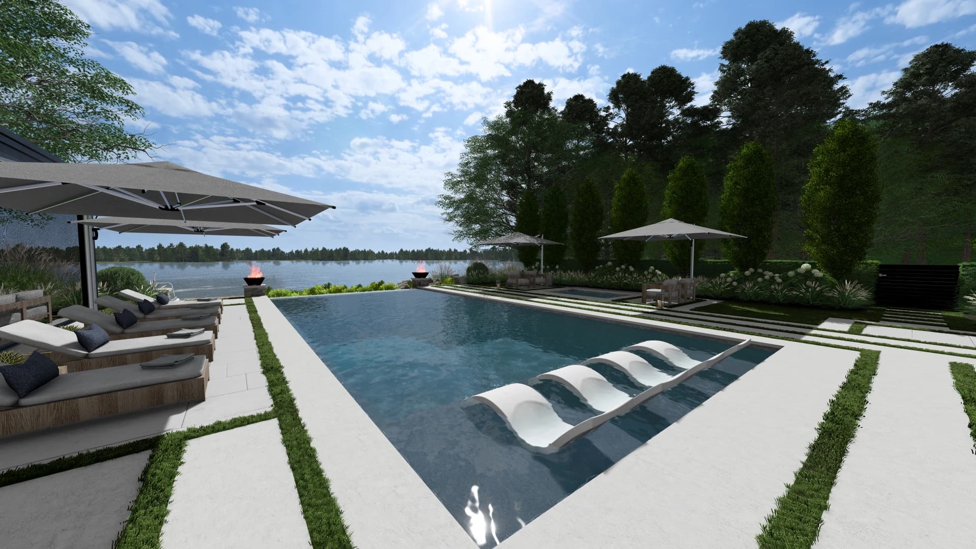 Luxury outdoor concept design rendering showing pool and landscape layout for site discovery and vision alignment